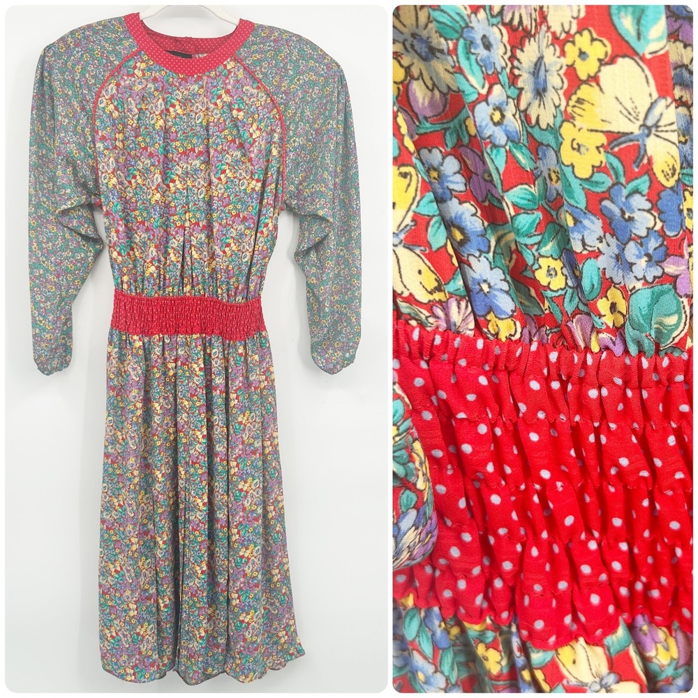Diane Freis Womens Floral Polka Dot Smocked Waist Vintage 80s Boho Dress‎ OS